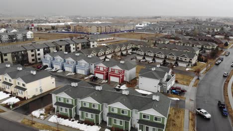 drone shot of the suburbs on a cold winter day