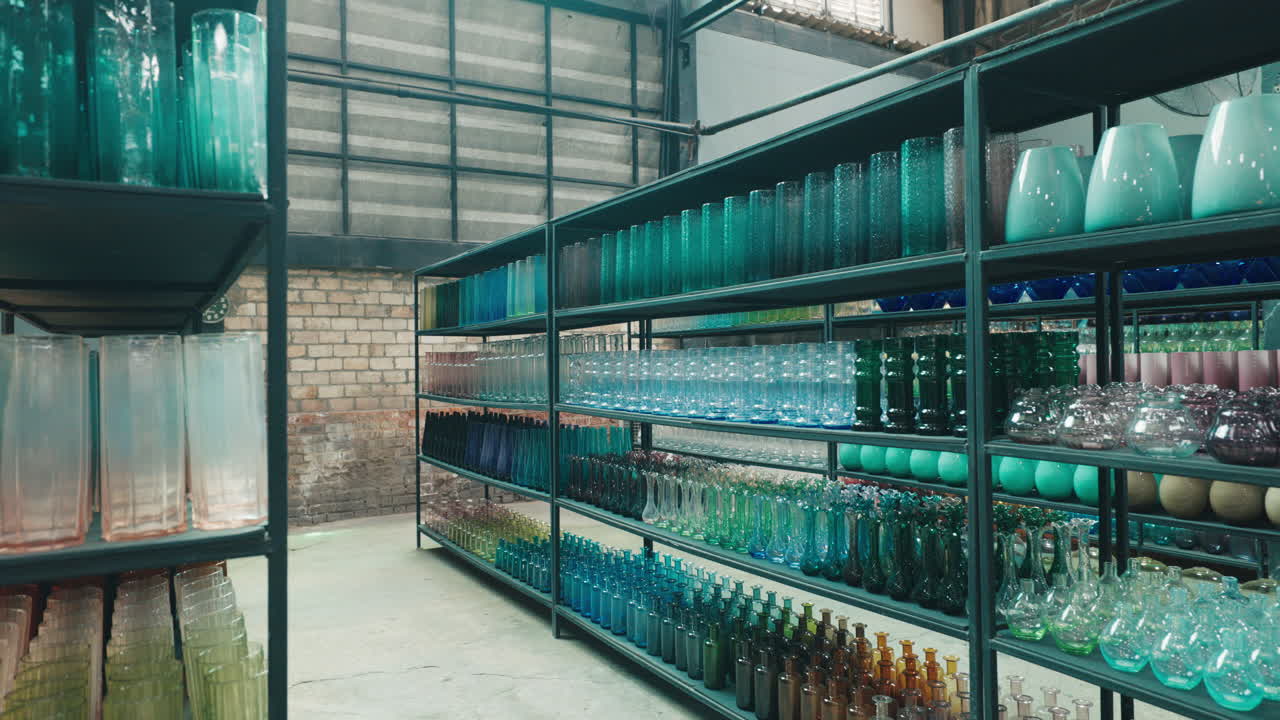 Colorful Glass Vases and Bottles in Display Shelves