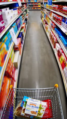grocery store aisle with shopping cart