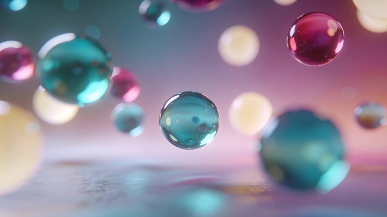 Sfera traslucida verde acqua centrata che fluttua, mantenendo la messa a fuoco in uno studio dai colori pastello, mettendo in evidenza i riflessi.