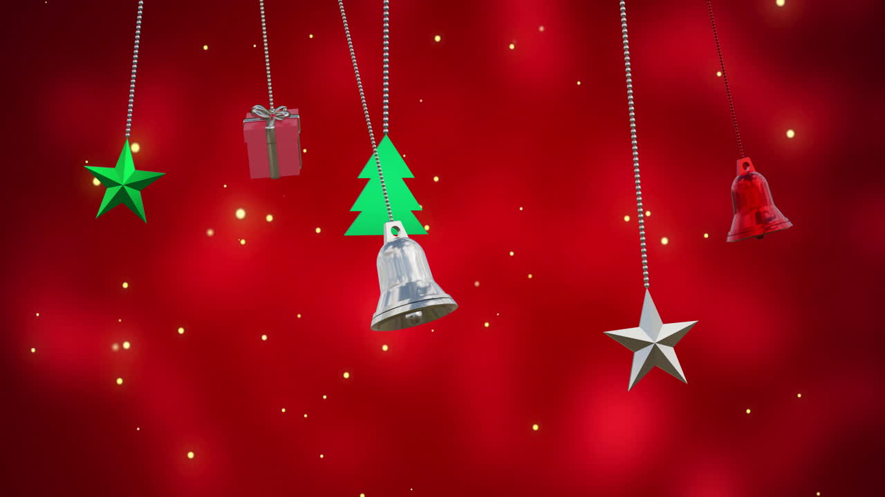 Animation of christmas baubles over light spots on red background
