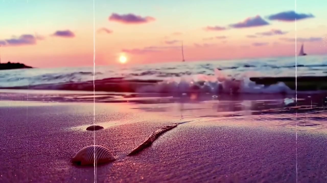 Close-up of Seashell on Beach as Waves Wash Ashore at Sunset