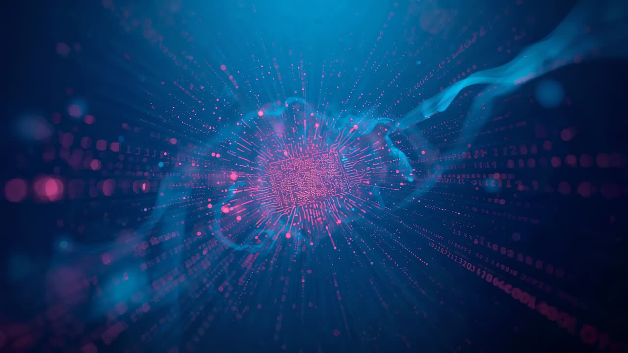 Glowing magenta core signaling burst in blue space, emitting radial traces, pink bokeh, cyan ribbon
