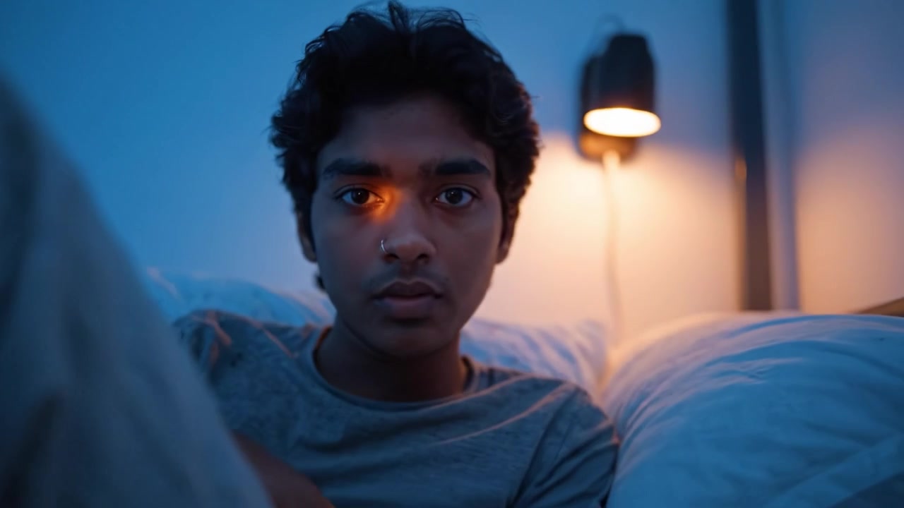En fredfyldt natscene: En ung person hviler fredeligt i sengen med blød belysning, der skaber en rolig atmosfære, og understreger afslapning og ro.