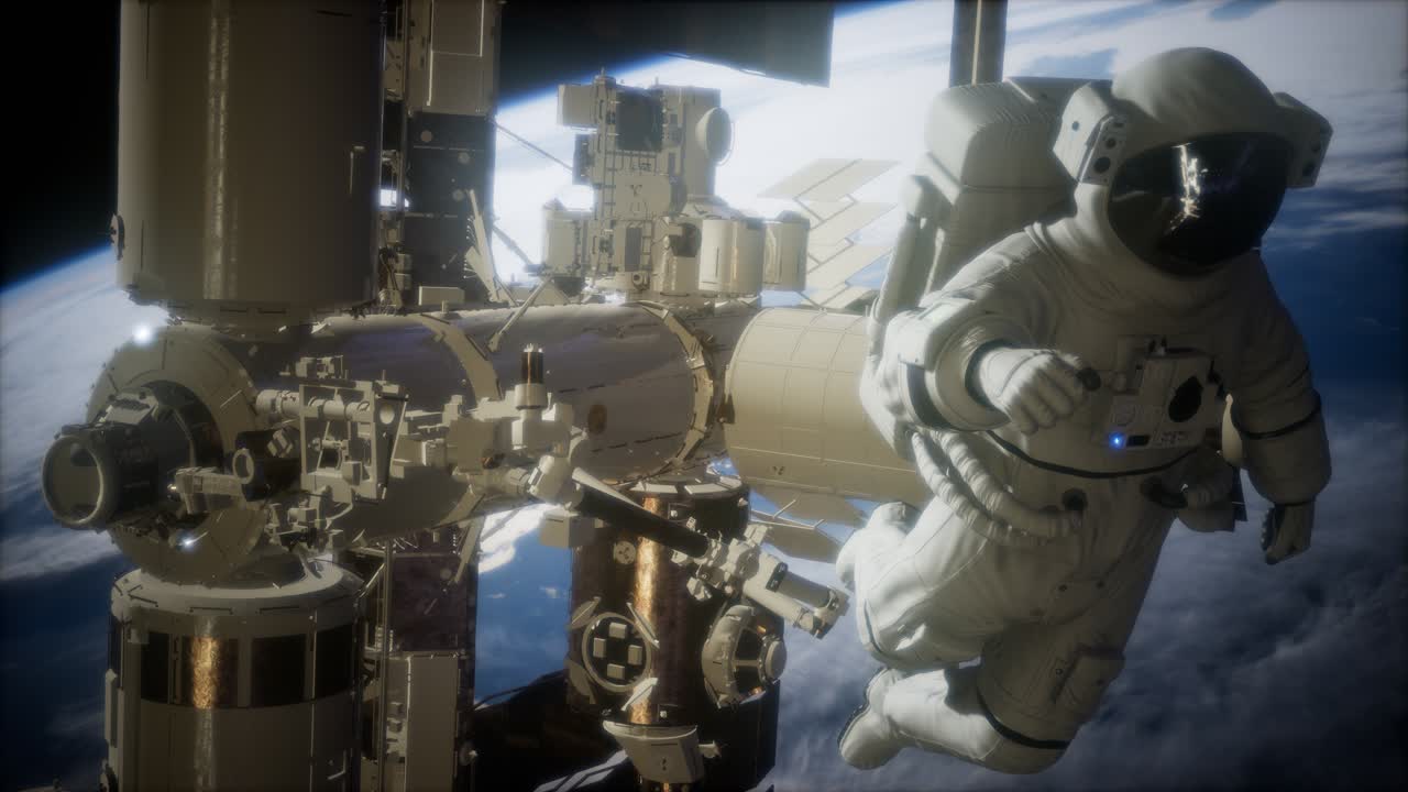 International Space Station and astronaut in outer space over the planet Earth