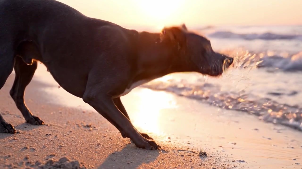 Un Bellissimo Cane si Gode una Passeggiata Serale Lungo la Spiaggia Sabbiosa Mentre il Sole Tramonta, Creando un'Atmosfera Serena e Suggestiva Sulla Costa Oceanica