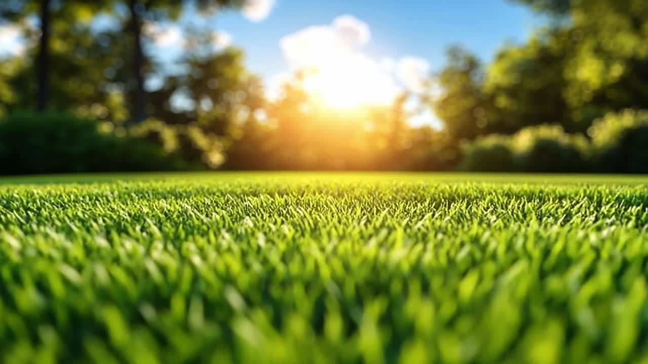 Sunset on grass in a park. Sunlight illuminates green grass in a serene park at sunset, creating a tranquil atmosphere.