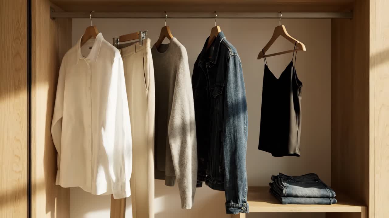 A wardrobe with clothes on hangers