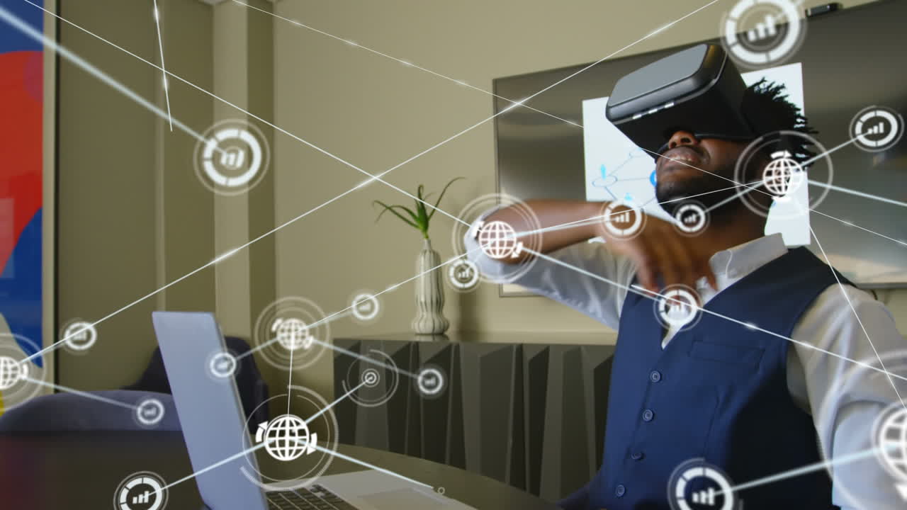 Connectors moving and digital data on man using VR helmet