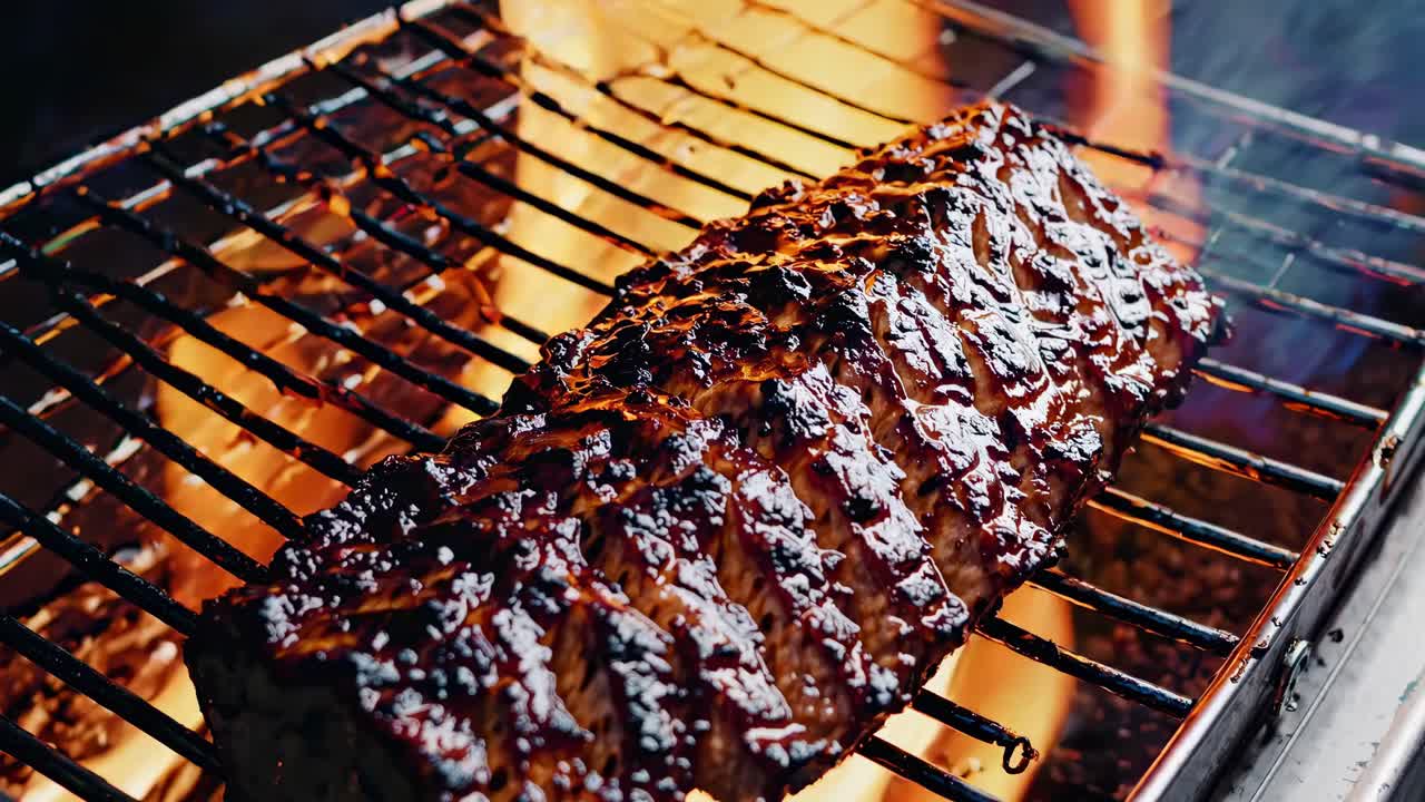 Ripresa video ravvicinata di costolette grigliate sfrigolanti su un barbecue, che cattura la consistenza ricca e glassata.
