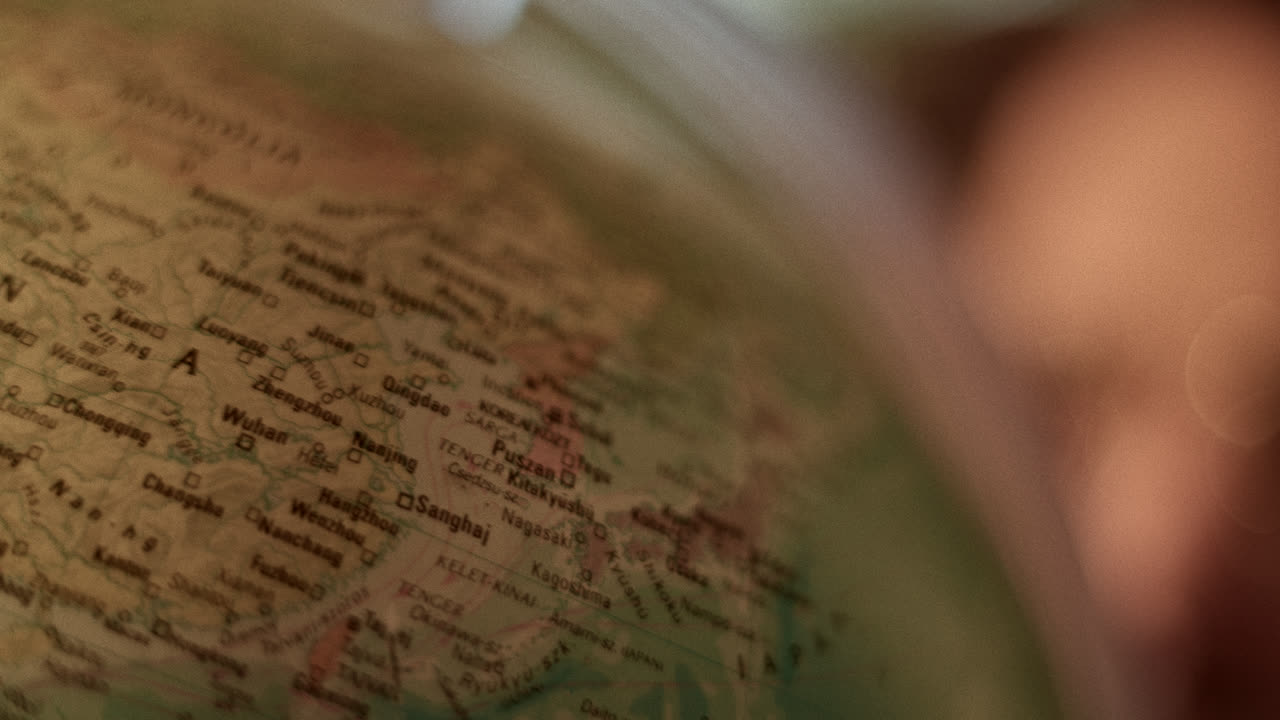 Close-up View of a Globe Map Highlighting Asia