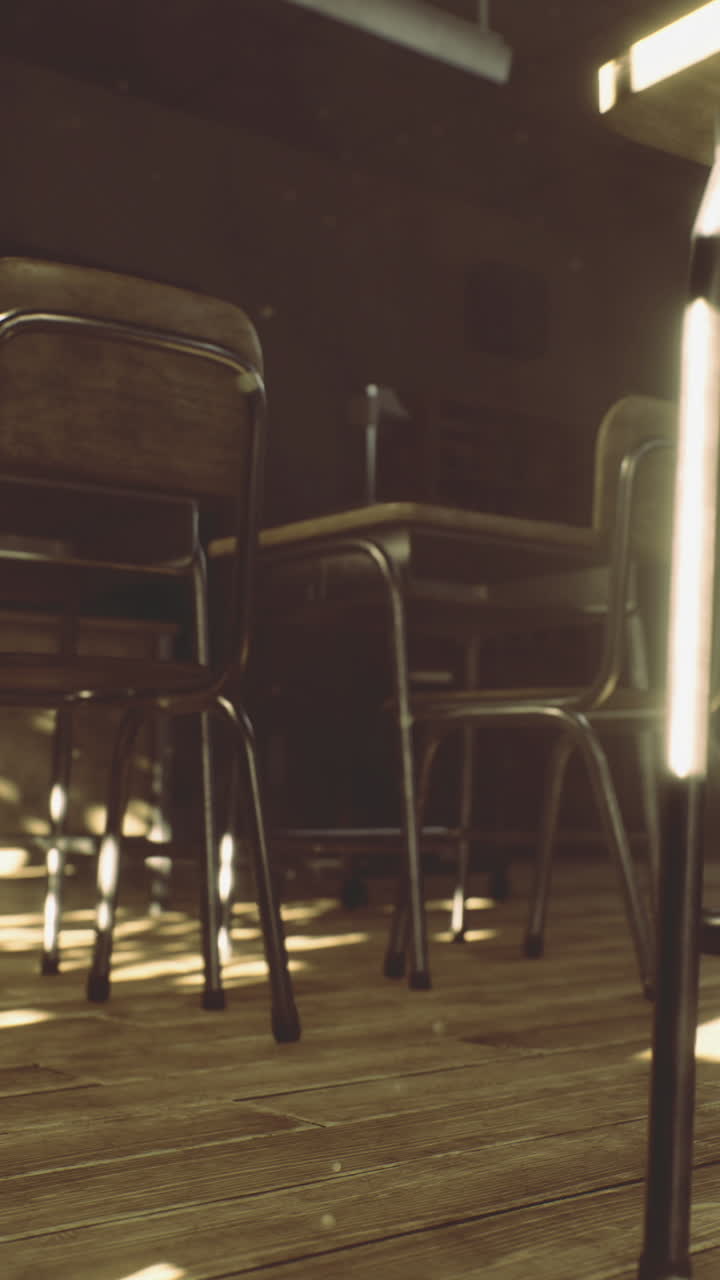 Classroom with empty chairs and sunlight streaming through the windows
