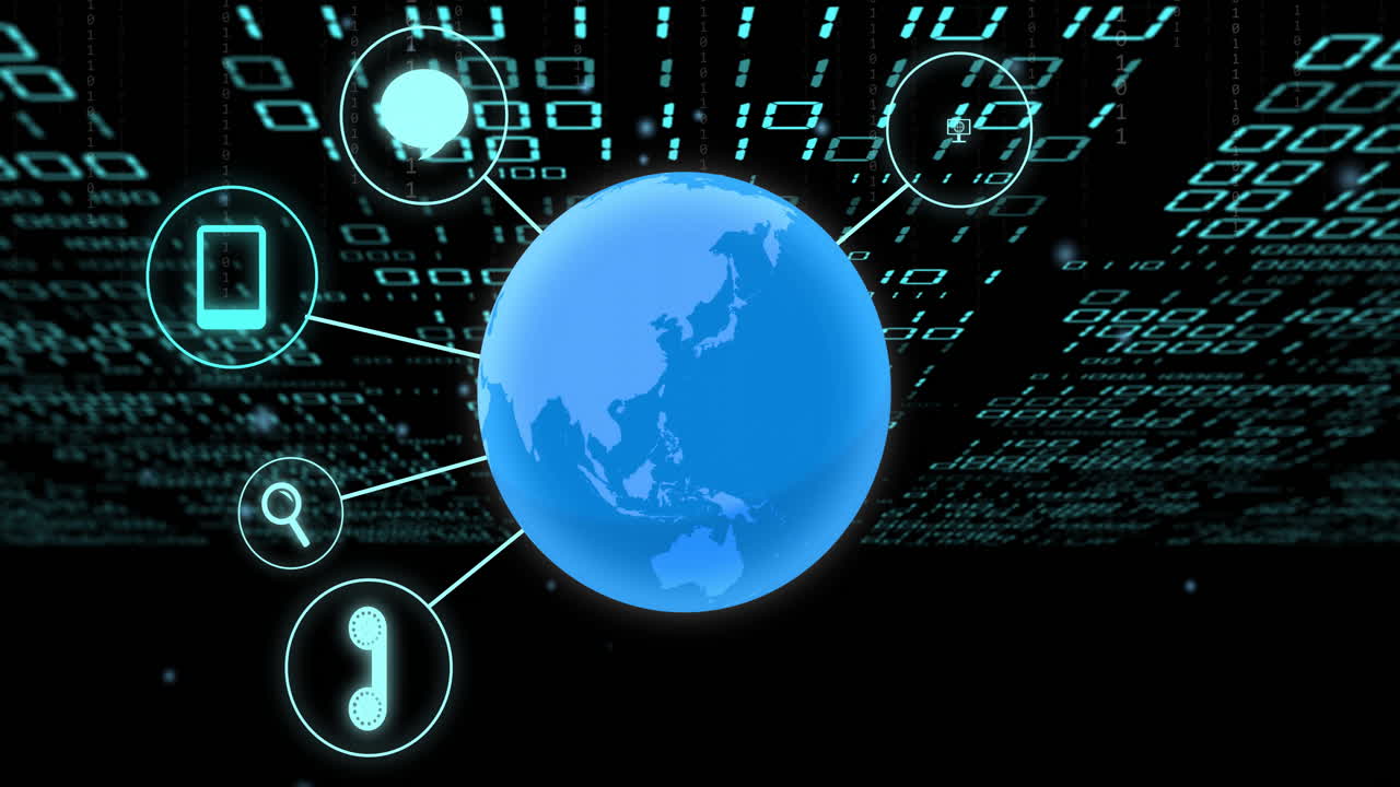 Digital communication icons connecting to globe over binary code background