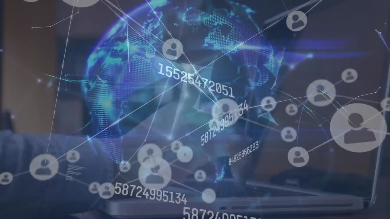 노트북을 사용하여 연결 네트워크와 지구 위의 사람의 애니메이션