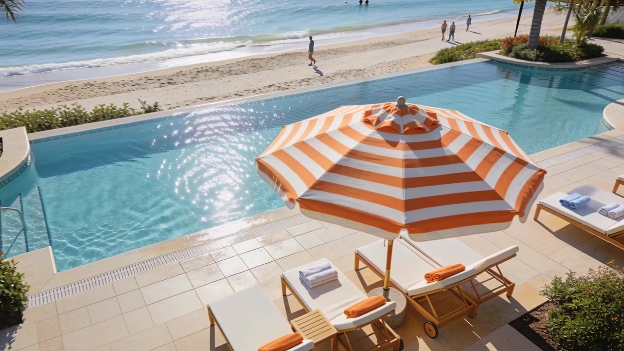 Framing orange umbrella and chairs on pool deck, walkers entering left walking shore for leisure