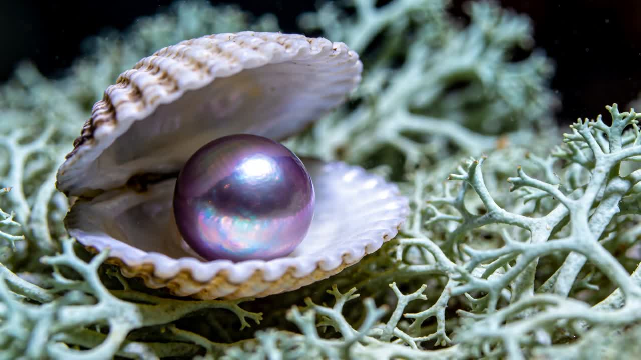 Shifting camera and lighting revealing scallop shell on pale green lacy plant, showing purple pearl