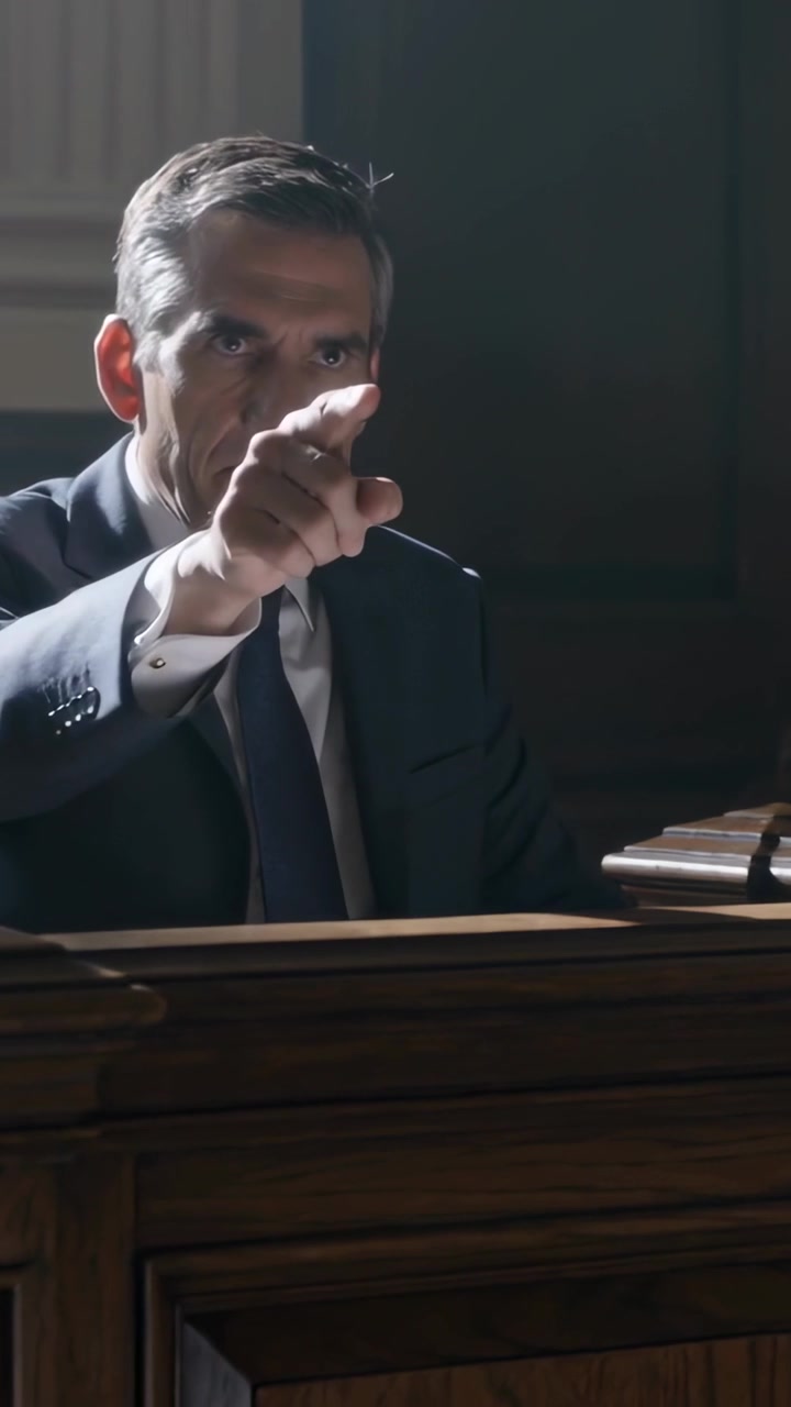 Vertical video: Man in suit and tie pointing and leaning at witness stand after lawyer asking