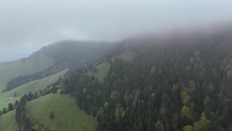 Luftflug-Entlang-Der-Waldberge-In-Der-Schweiz-Bei-Bewölktem-Himmel