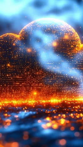 digital cloud glowing in vibrant colors. a glowing cloud emits bright orange and blue hues, creating a stunning visual against a dark background.