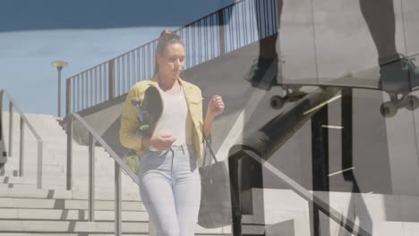 animación de una mujer caucásica caminando con un hombre caucásico patinando