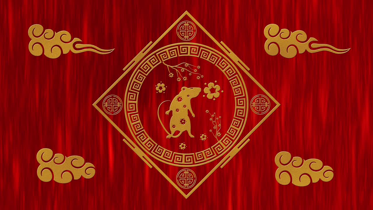 año nuevo lunar, fondo del festival de primavera con rata dorada, patrón de seda roja. año nuevo chino telón de fondo de papel rojo para el evento de vacaciones. animación de renderización 3d. bucle sin costuras 4k