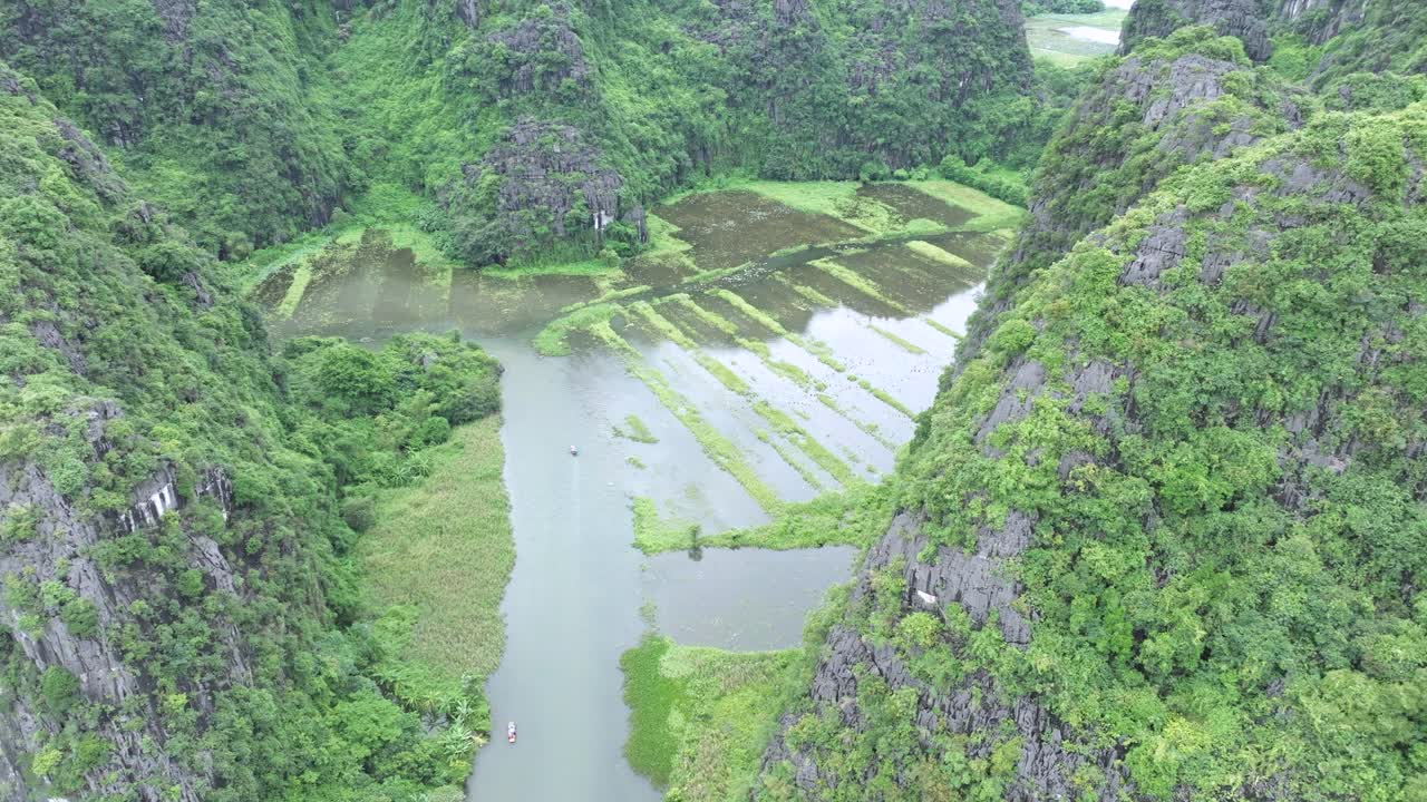 Lush ninh binh valley with river, rice fields and steep green cliffs, aerial view