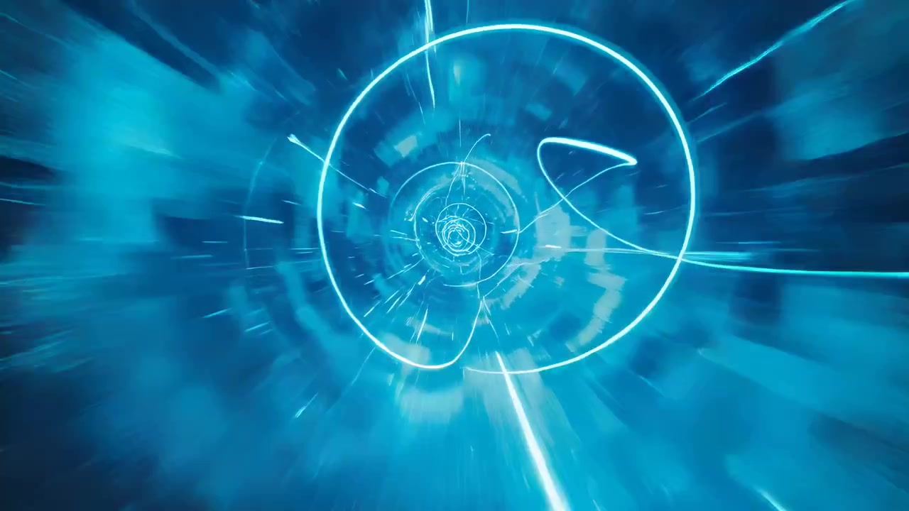 Pulsing cyan-blue spiral tunnel moving deeper through CG corridor, pulse driving ribbon into core