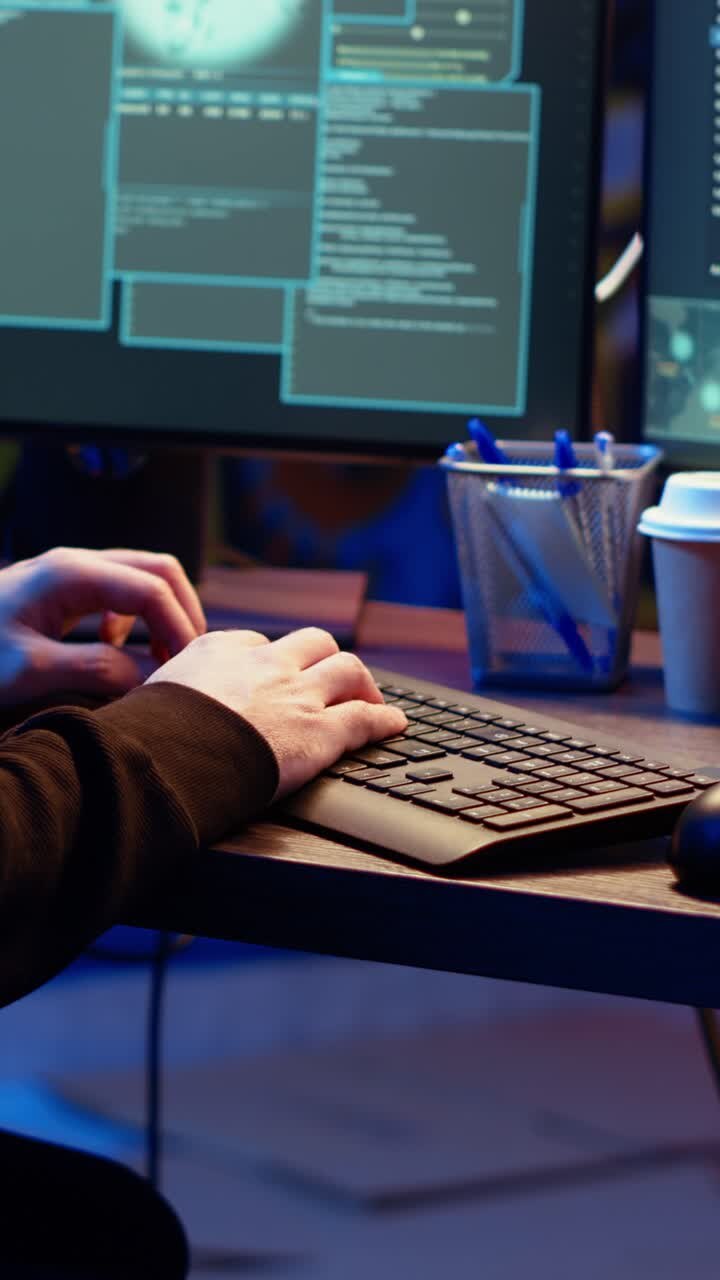 Vertical video Hacker hiding in underground bunker excited after tricking firewalls
