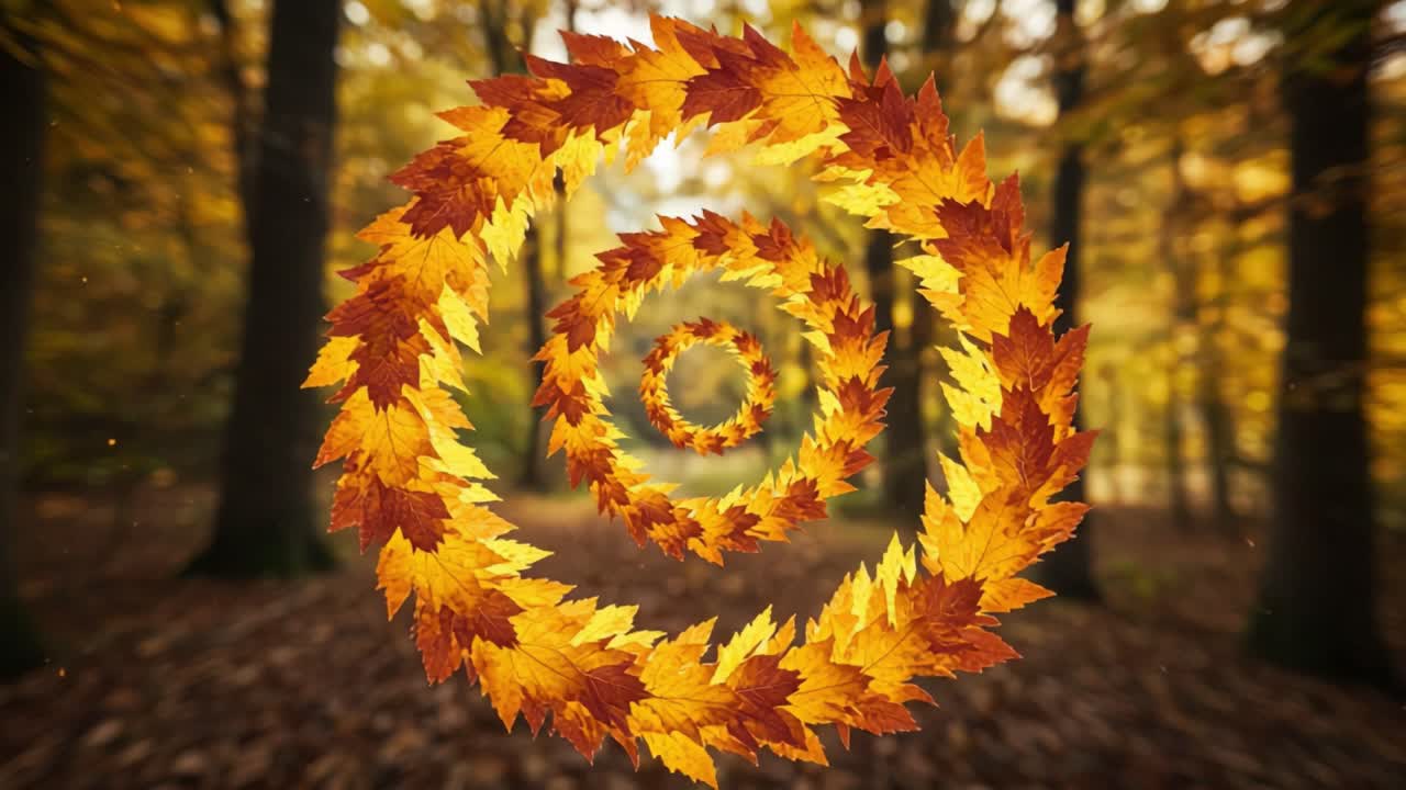 A Mesmerizing Spiral of Golden Leaves Captured in a Tranquil Autumn Forest, Emphasizing the Beauty and Transition of Nature Through the Seasons