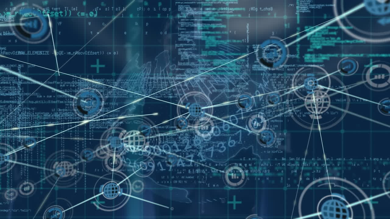 Animation of network of connections with icons and data processing