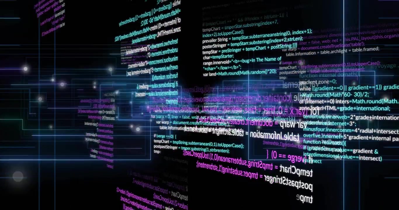 Déclenché par des particules en dérive, des grappes de code se rétractant et pivotant au centre pour visualiser le flux de données