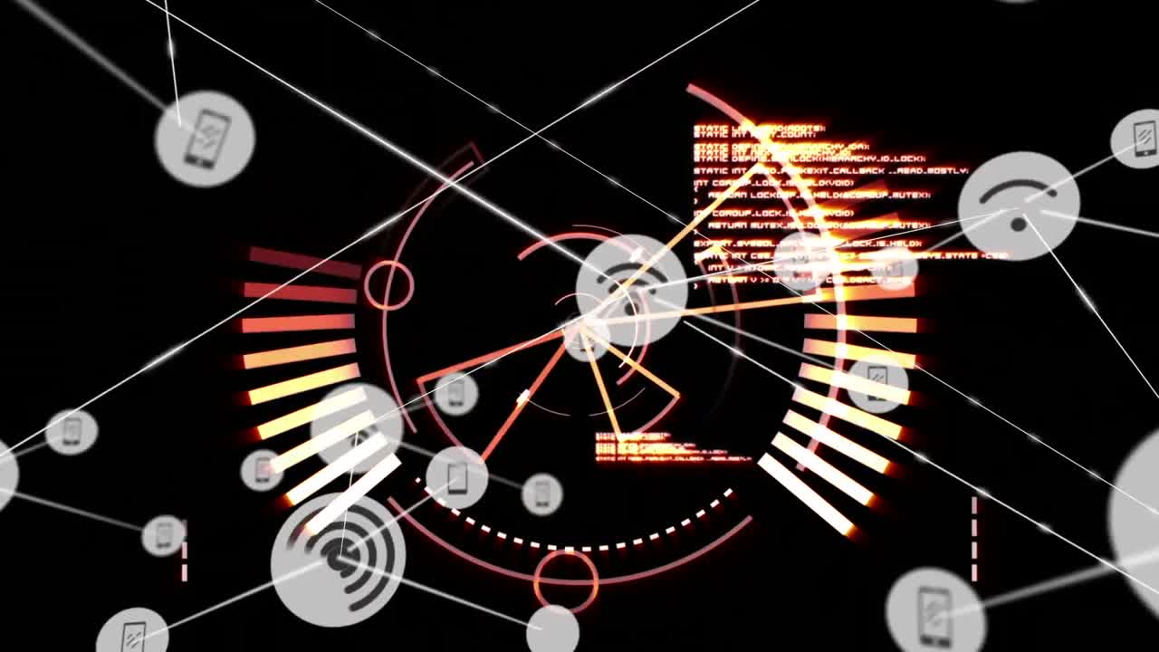 검은 바탕에서 범위 스캐닝과 데이터 처리에 대한 연결 네트워크의 애니메이션