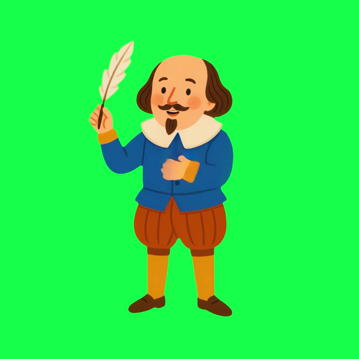 Illustrazione animata di William Shakespeare che tiene in mano una penna d'oca