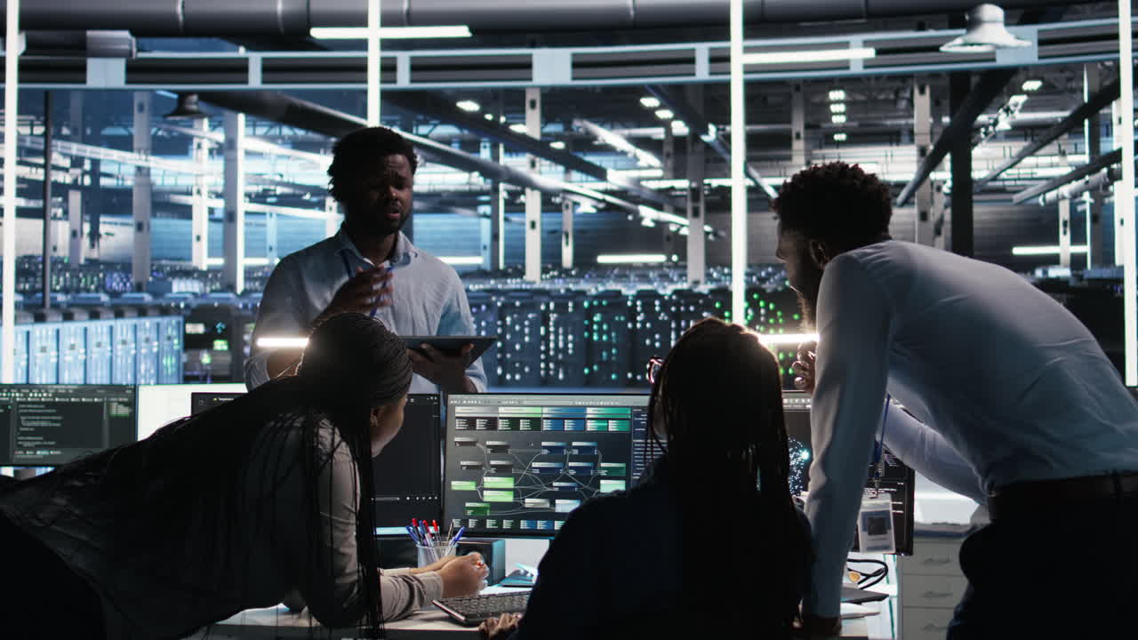Server hub engineering team working together, using node tree software