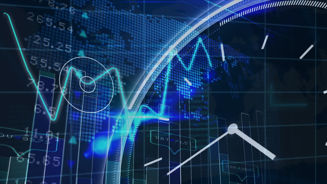 세계 지도 위의 시계, 데이터 처리 및 금융 통계의 애니메이션