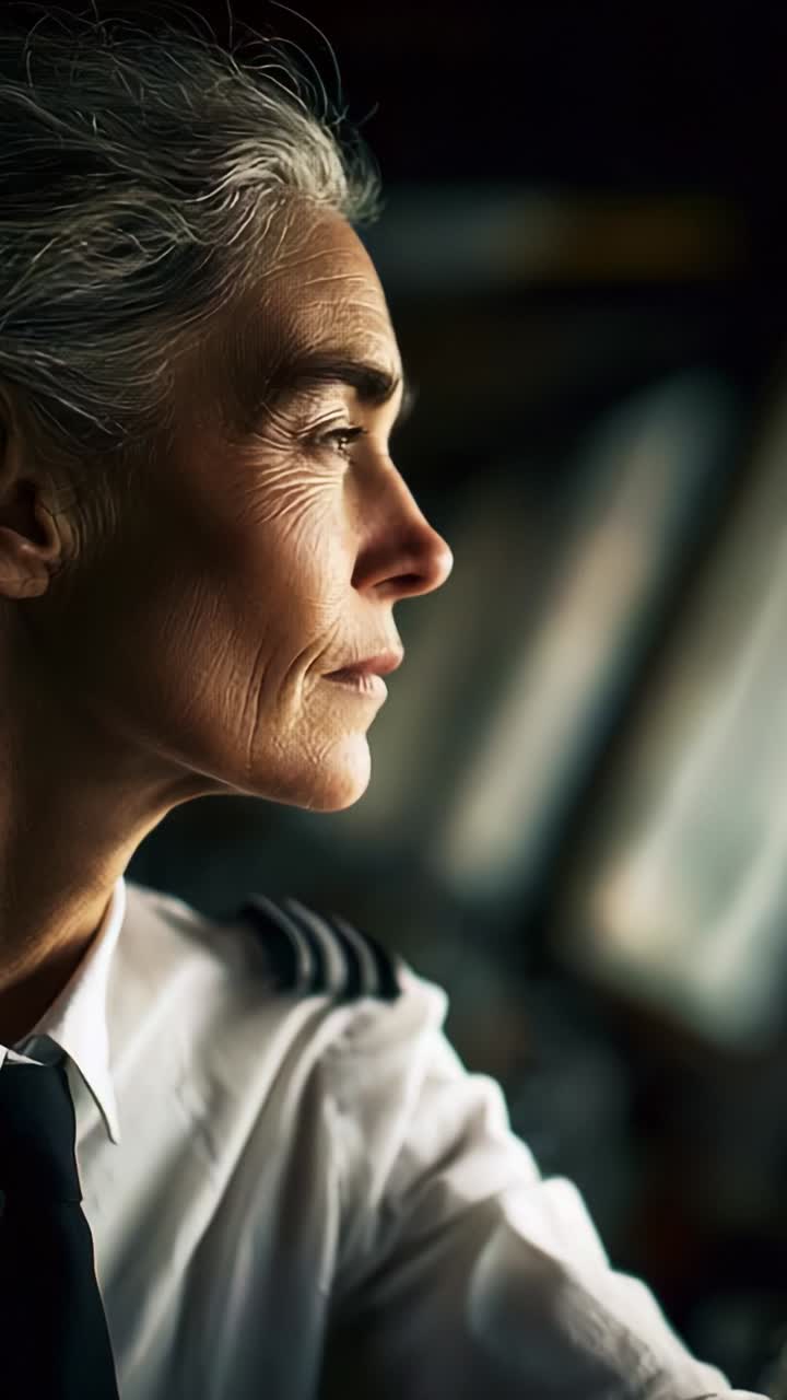 Captivating Profile of a Seasoned Female Pilot gazing Intently Out of the Cockpit, Reflecting Years of Experience and Dedication to Aviation