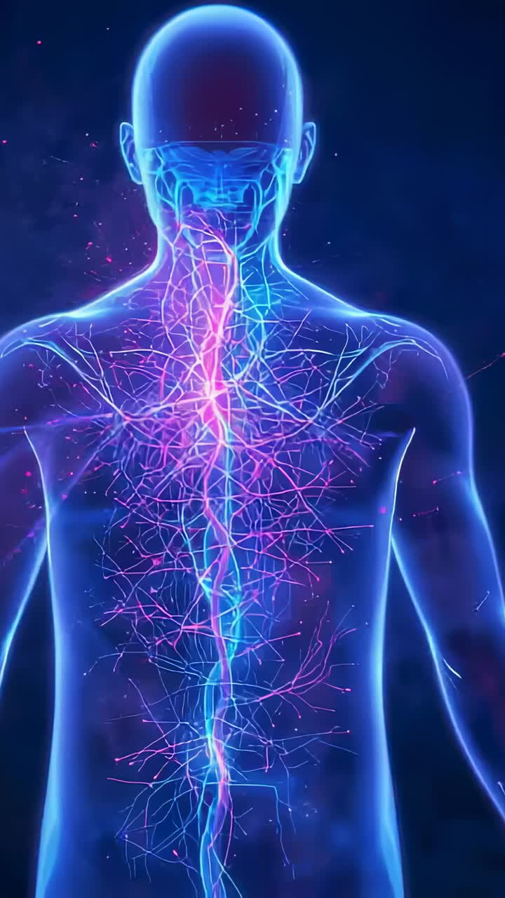 Vertical video: Animation starting anatomy model rotating in 3D space highlighting spine