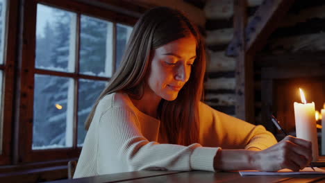woman writing in a cozy cabin on a snowy evening