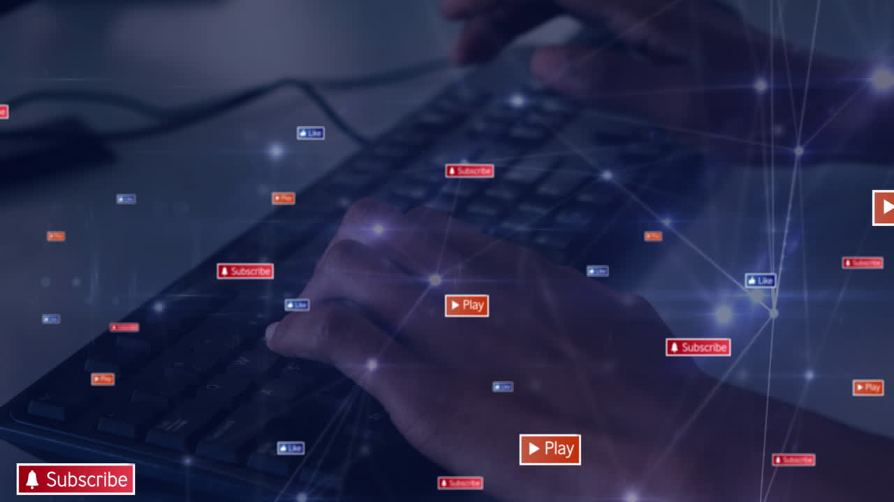 소셜 미디어 아이콘의 애니메이션과 키보드에 타이핑하는 사람의 손을 통해 연결 네트워크