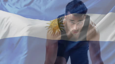 animation of flag of argentina over biracial male runner