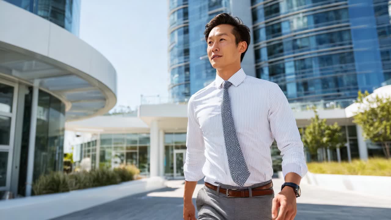 Confident Businessman Walking in Modern Urban Architecture with Glass Facades, Exhibiting Professionalism and Determination in a Bright, Sunlit Office Environment for Dynamic Career Focus