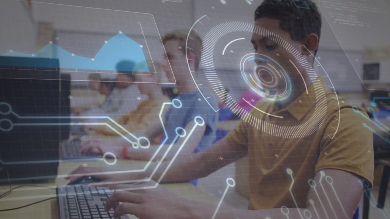Technology interface animation over people working on computers in classroom