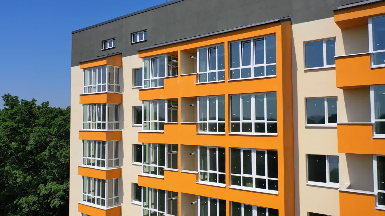 Modern highrise apartment house. Drone view above of new apartment building