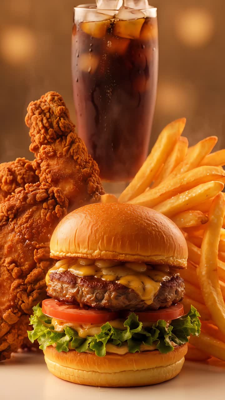 Burger 4K Fast Food with Crispy Fried Chicken and French Fries Cinematic Background