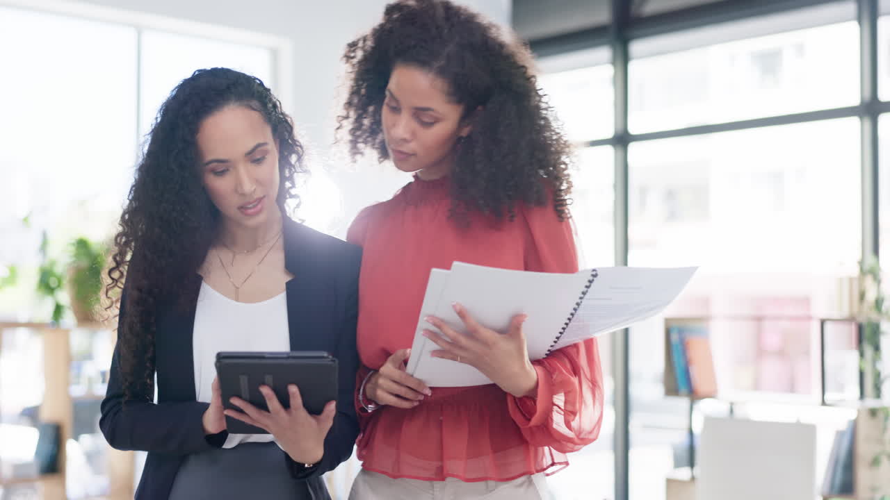 Tablet, advice and business woman with manager