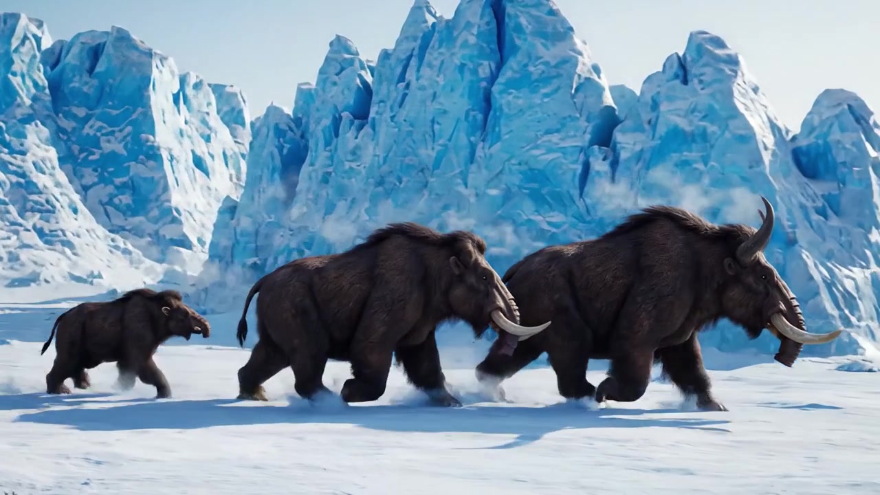 A Family of Mammoths Traversing a Snowy Landscape with Glaciers in the Background, Showcasing the Majesty of Ice Age Wildlife and Their Natural Habitat