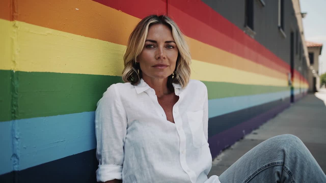 Shifting woman on photographer cue, lowering gaze on sidewalk, in white shirt, jeans, rainbow wall