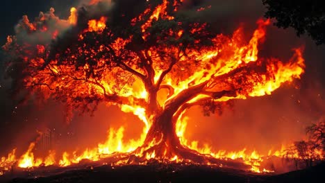 a large tree is engulfed by flames in the night sky