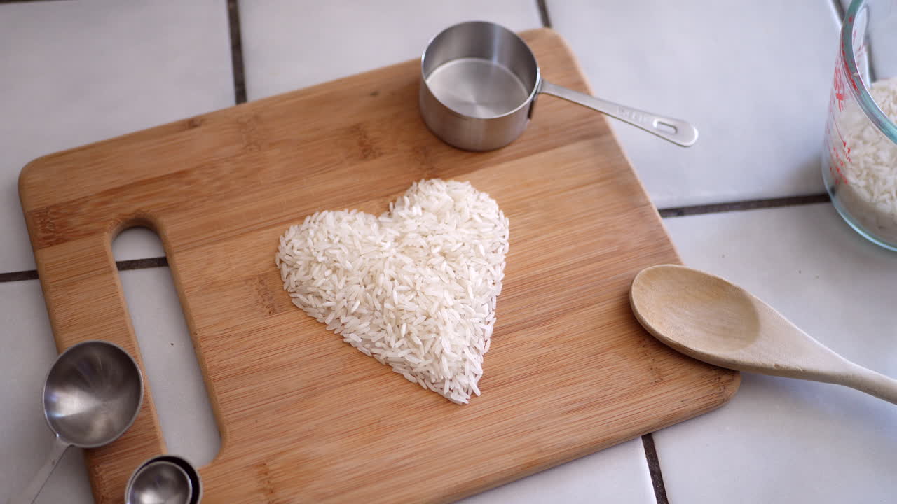 grano de arroz blanco en un corazón con utensilios de cocina e ingredientes en un tobogán de cocina a la derecha