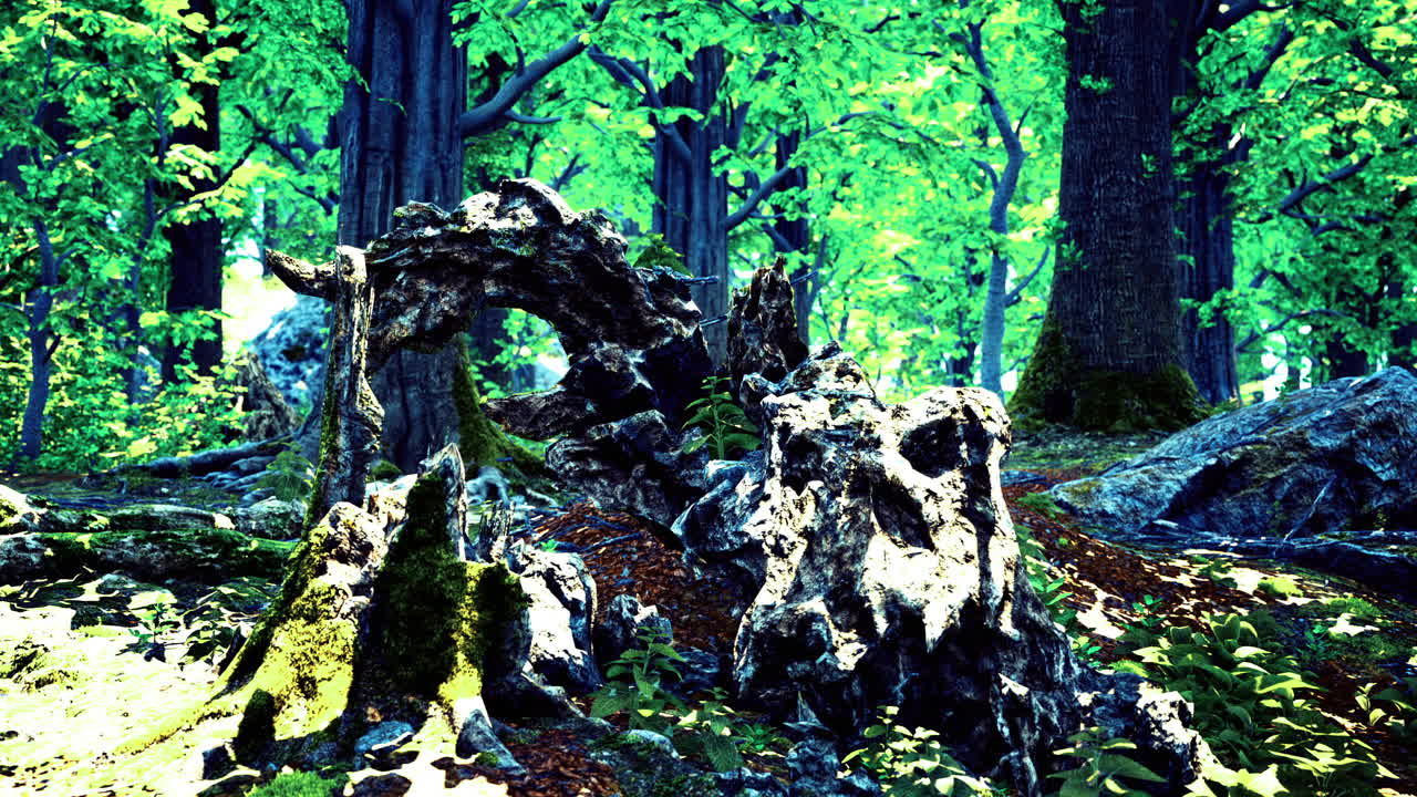 Ancient trees and rocks reveal natures artistry in a grove